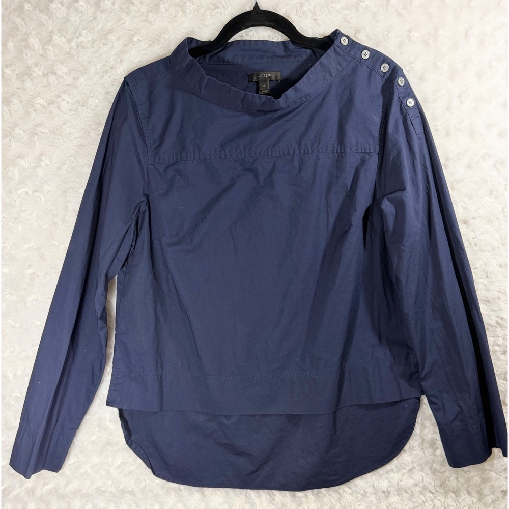 J.Crew Women's Size 10 Navy Blue Cotton Poplin Shoulder Button Mock Neck Blouse